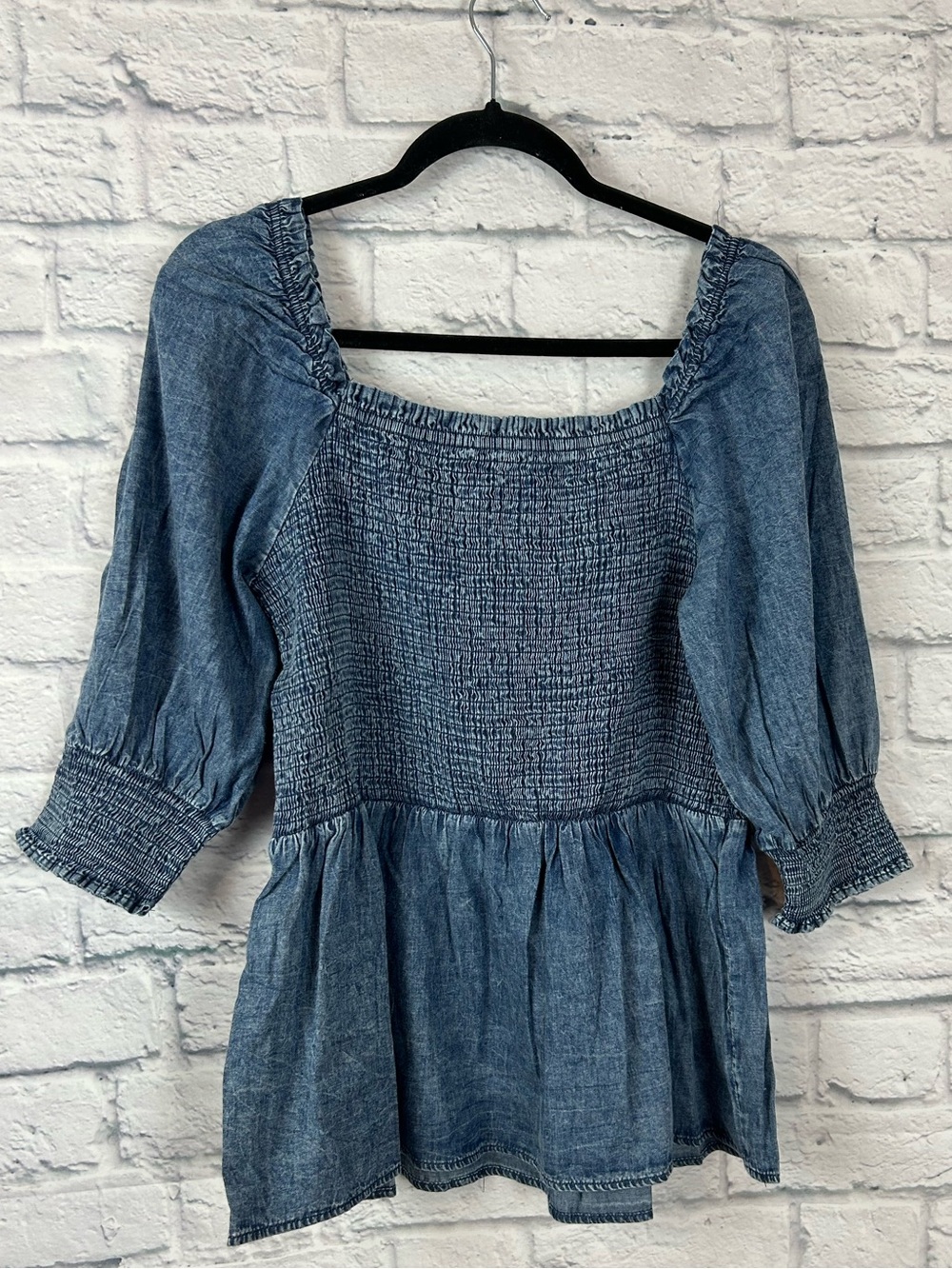 ODDI 1XL Denim Chambray Smocked Babydoll Top Square Neck Puff Sleeve NWT